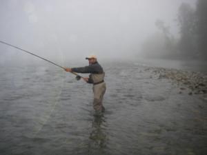 Al Sasuga Spey casting into the River of Mists.  Photo credit: Cam Thiessen/Al Sasuga